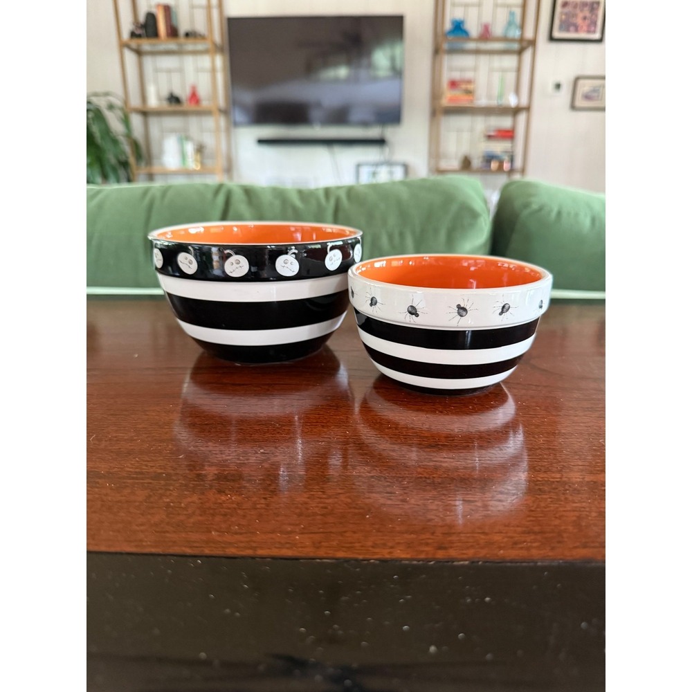Terramoto Ceramic Halloween Nesting Bowls Set 2 Orange Black Excellent Striped
